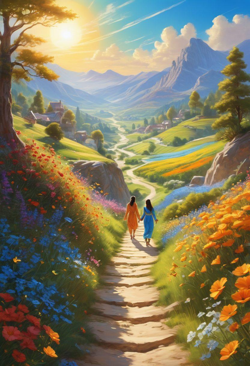 A whimsical landscape featuring a serene valley dotted with vibrant flowers, diverse people engaging in joyful activities, and glowing paths leading to magical destinations symbolizing fulfillment. A radiant sun shines in a clear blue sky, casting a warm golden light over the scene, with elements inspired by various cultures around happiness. fantasy art. vibrant colors. soft focus.