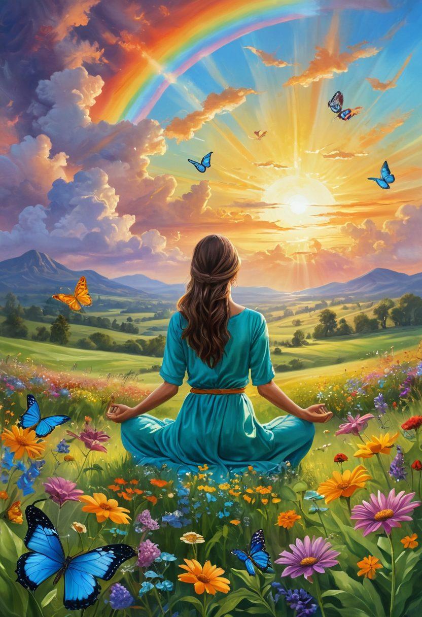 A serene landscape featuring a sunrise over a lush green field, symbolizing new beginnings and positivity. Include a person meditating with a serene smile, surrounded by colorful wildflowers and butterflies, representing joy and transformation. Bright rays of sunlight breaking through the clouds, embodying hope and enlightenment. styling: vibrant colors. painting.