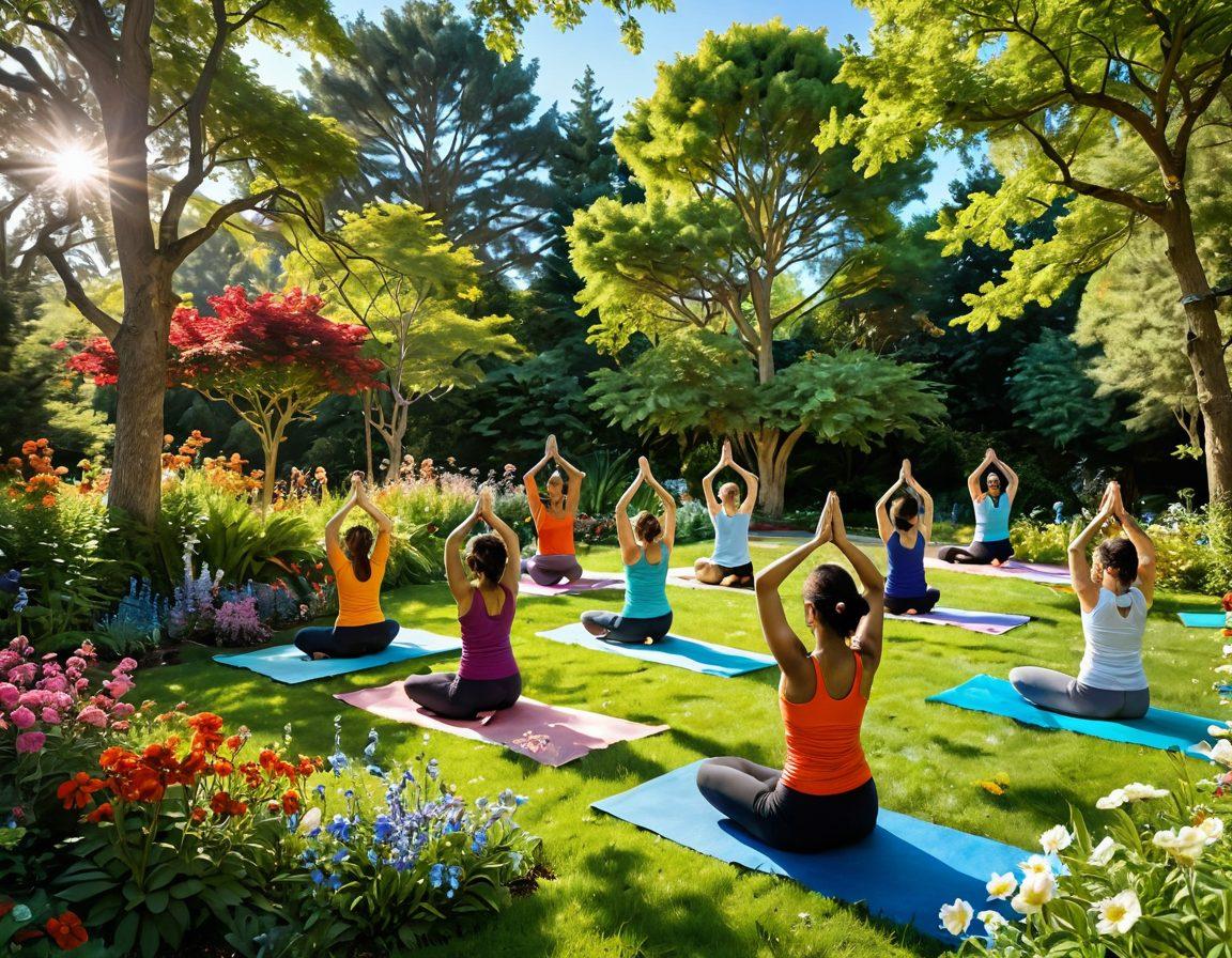 A serene landscape featuring a lush, vibrant garden filled with colorful flowers and a bright blue sky. In the foreground, a group of diverse individuals joyfully engaging in various activities like yoga, dancing, and laughter, symbolizing cheerfulness and community. Soft sunlight filtering through the trees to create a warm, inviting atmosphere. This image should evoke feelings of happiness and serenity, with radiant colors and a sense of tranquility. super-realistic. vibrant colors. 3D.